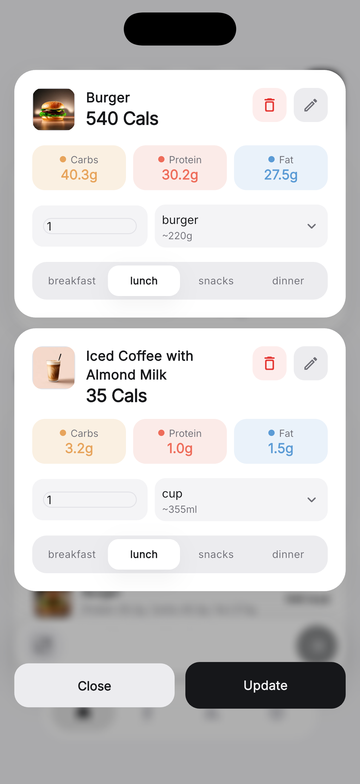 Zuli AI food logging result: a burger at 540 calories with editable carbs 40.3 g, protein 30.2 g and fat 27.5 g, a portion selector reading 1 burger about 220 g, and a breakfast, lunch, snacks, dinner picker